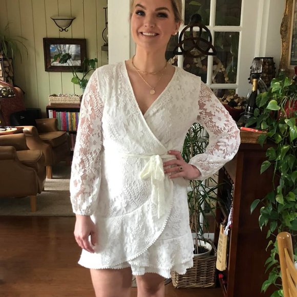 White lace bridal shower wrap mini dress lace sleeves